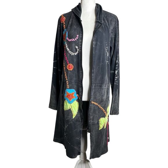 Rising International Y2K Embroidered Long Line Jacket Grey Hoodie XL Zip Cotton - Picture 6 of 10